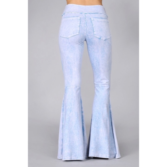 Powder Blue Mineral Wash French Terry Flared Bell Bottom Pull On Pants Pockets - Picture 3 of 5